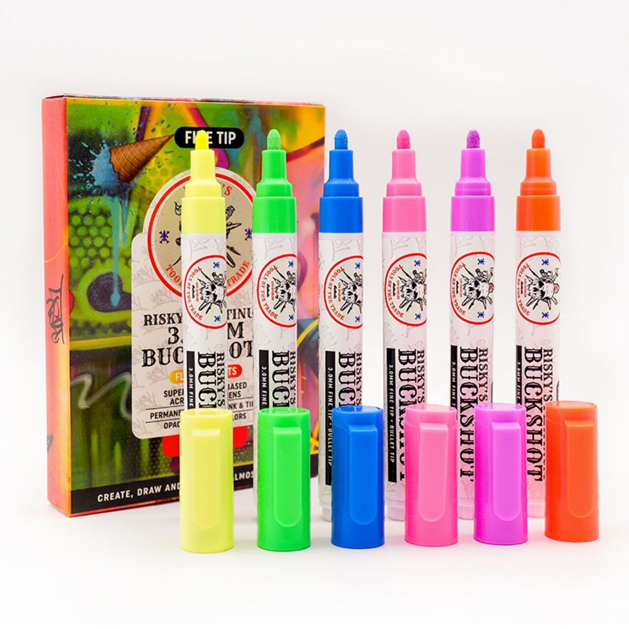 Risky's Tools of the Trade Platinum 3mm Buckshot Acrylic Paint Pens 6 pack of Fluorescents for Graffiti or Fine Art